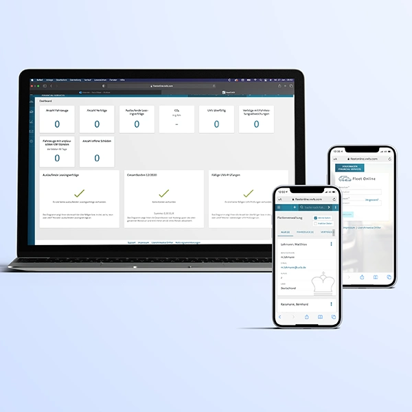 Mockup mit mehrere Mobilgeräten welches eine digitale Anwendung zeigt, die Fuhrparkmanager nutzen können.