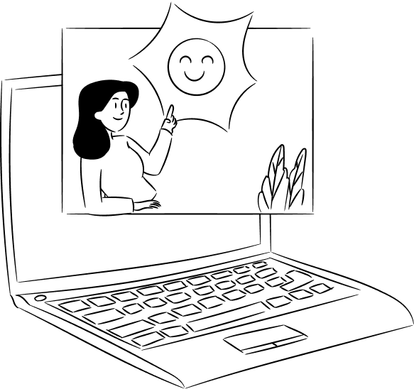 Eine Illustration eines Laptops, mit einem offenen Fenster mit einer Frau, die auf einen lächelnden Smiley zeigt.