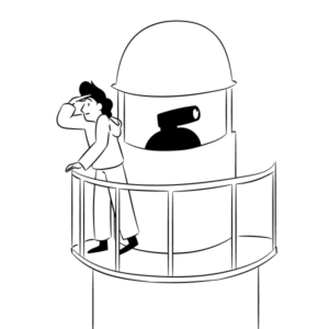 An illustration of a man standing at the top of a light house, watching